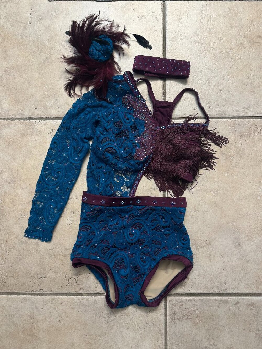 Teal/Turquoise and Purple dance costume! Leotard w lace sparkle and fringe
